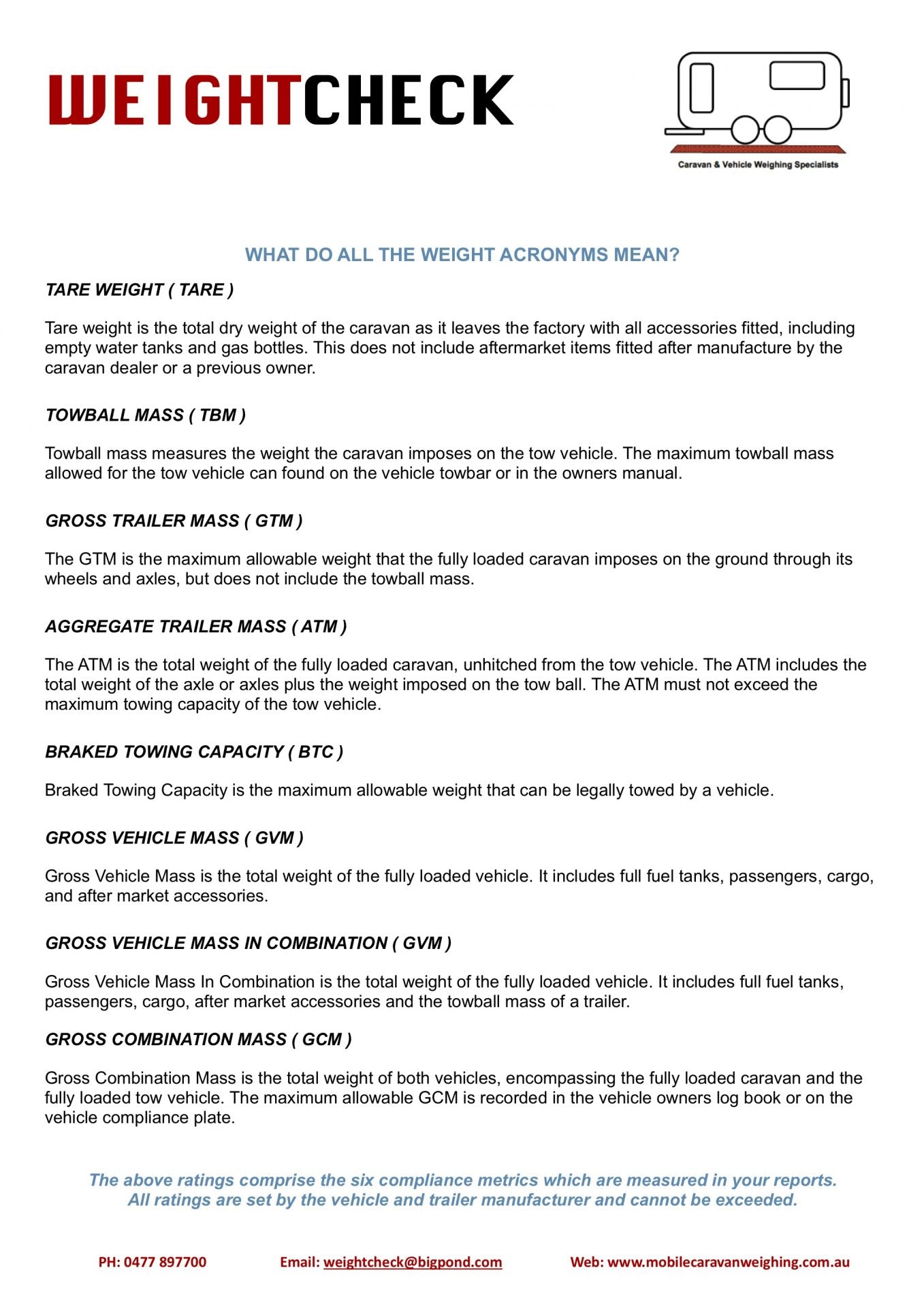 FREE Tow Vehicle & Caravan Acronyms Information Sheet